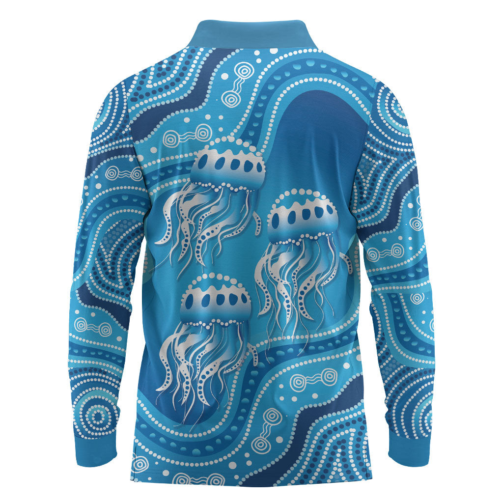 Aboriginal Ocean Jellyfish Long Sleeve Polo Shirt Dot Art Dreamtime Style