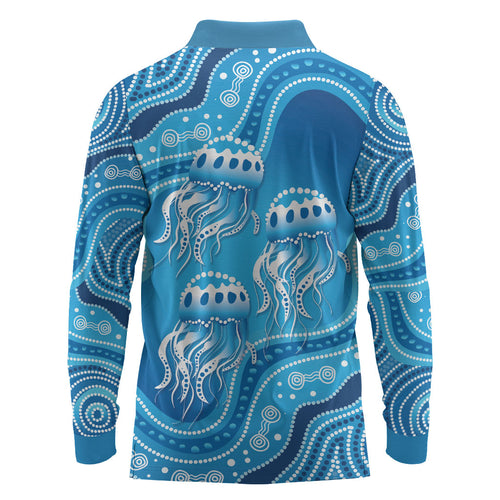 Aboriginal Ocean Jellyfish Long Sleeve Polo Shirt Dot Art Dreamtime Style