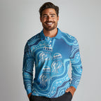 Aboriginal Ocean Jellyfish Long Sleeve Polo Shirt Dot Art Dreamtime Style