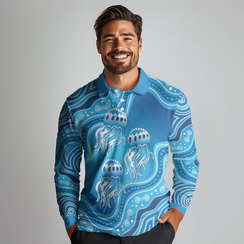 Aboriginal Ocean Jellyfish Long Sleeve Polo Shirt Dot Art Dreamtime Style