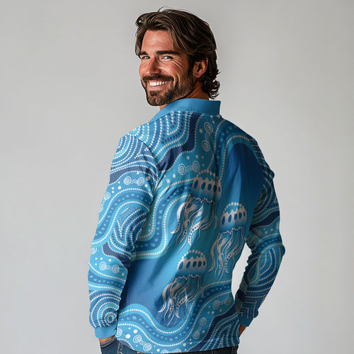 Aboriginal Ocean Jellyfish Long Sleeve Polo Shirt Dot Art Dreamtime Style