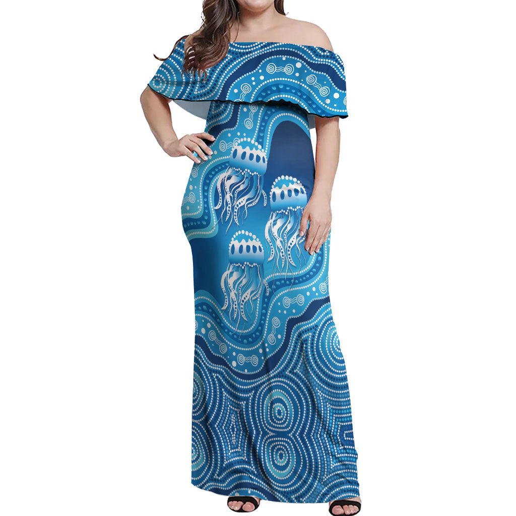 Aboriginal Ocean Jellyfish Off Shoulder Maxi Dress Dot Art Dreamtime Style