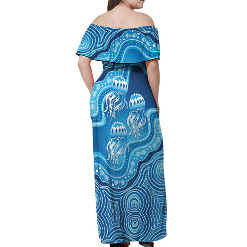 Aboriginal Ocean Jellyfish Off Shoulder Maxi Dress Dot Art Dreamtime Style