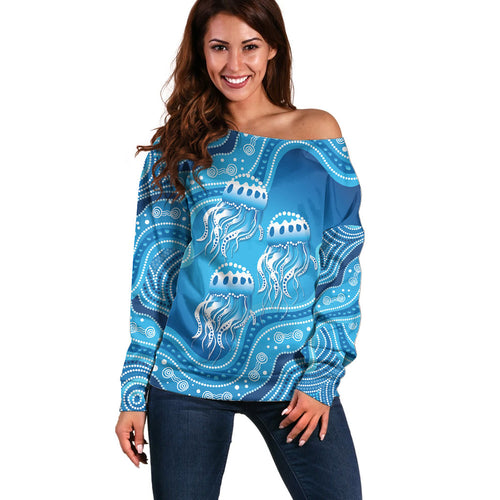 Aboriginal Ocean Jellyfish Off Shoulder Sweater Dot Art Dreamtime Style