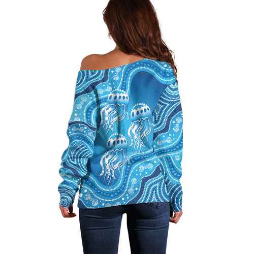 Aboriginal Ocean Jellyfish Off Shoulder Sweater Dot Art Dreamtime Style