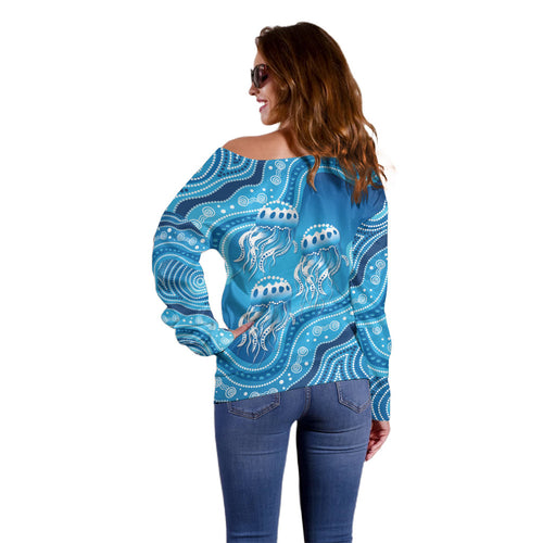 Aboriginal Ocean Jellyfish Off Shoulder Sweater Dot Art Dreamtime Style
