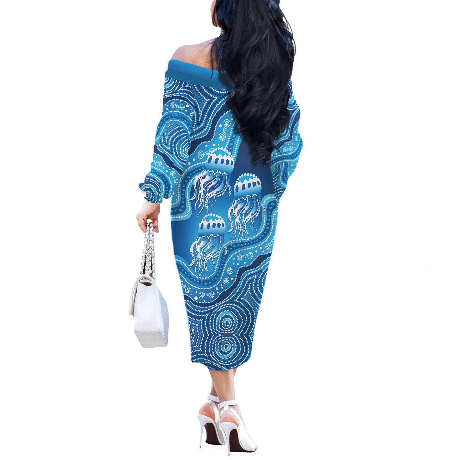 Aboriginal Ocean Jellyfish Off The Shoulder Long Sleeve Dress Dot Art Dreamtime Style