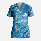 Aboriginal Ocean Jellyfish Scrub Top Dot Art Dreamtime Style