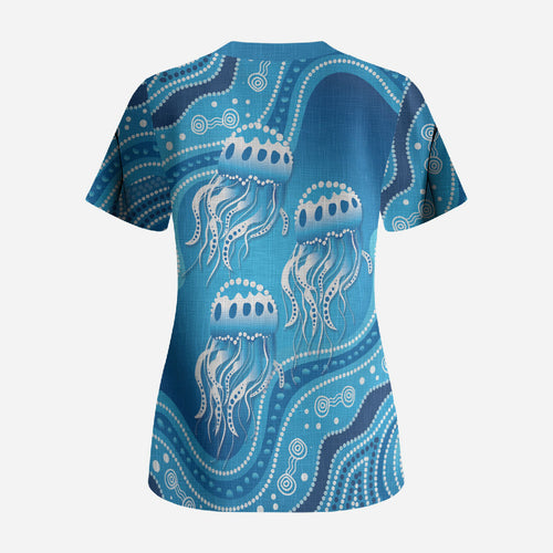 Aboriginal Ocean Jellyfish Scrub Top Dot Art Dreamtime Style