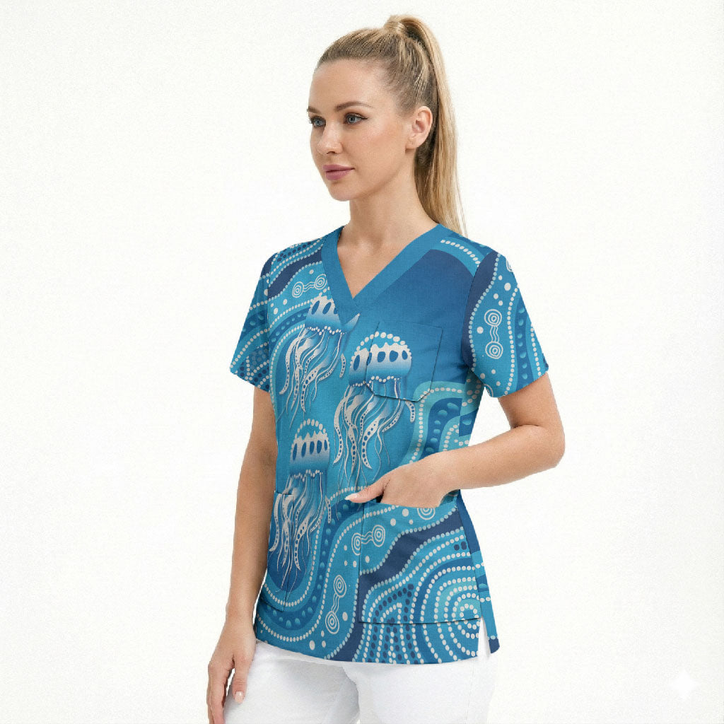 Aboriginal Ocean Jellyfish Scrub Top Dot Art Dreamtime Style