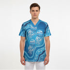 Aboriginal Ocean Jellyfish Scrub Top Dot Art Dreamtime Style
