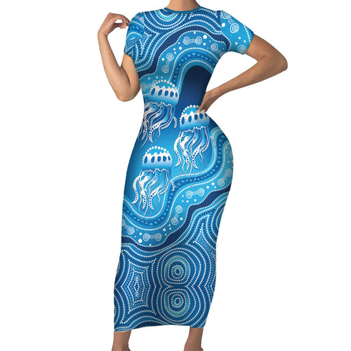 Aboriginal Ocean Jellyfish Short Sleeve Bodycon Dress Dot Art Dreamtime Style