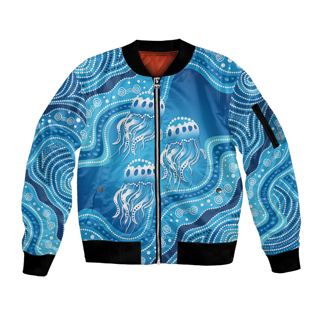 Aboriginal Ocean Jellyfish Sleeve Zip Bomber Jacket Dot Art Dreamtime Style