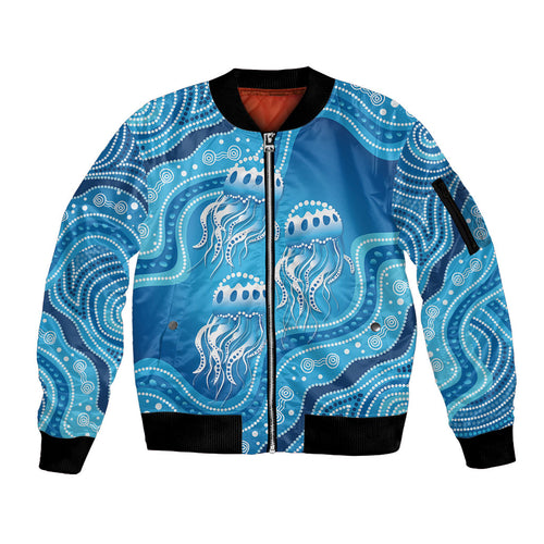 Aboriginal Ocean Jellyfish Sleeve Zip Bomber Jacket Dot Art Dreamtime Style