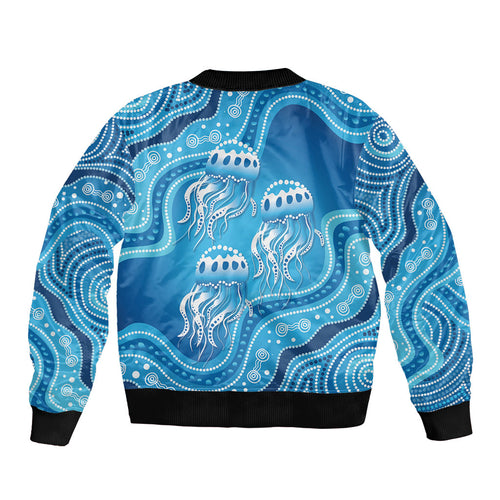 Aboriginal Ocean Jellyfish Sleeve Zip Bomber Jacket Dot Art Dreamtime Style