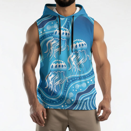 Aboriginal Ocean Jellyfish Sleeveless Hoodie Dot Art Dreamtime Style