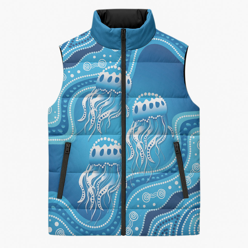 Aboriginal Ocean Jellyfish Sleeveless Puffer Jacket Dot Art Dreamtime Style