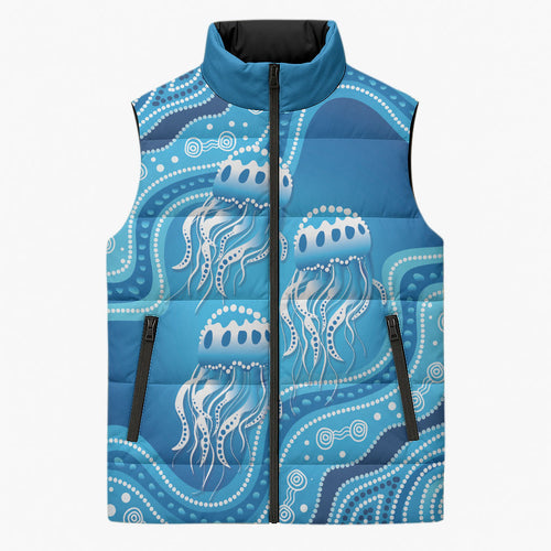 Aboriginal Ocean Jellyfish Sleeveless Puffer Jacket Dot Art Dreamtime Style