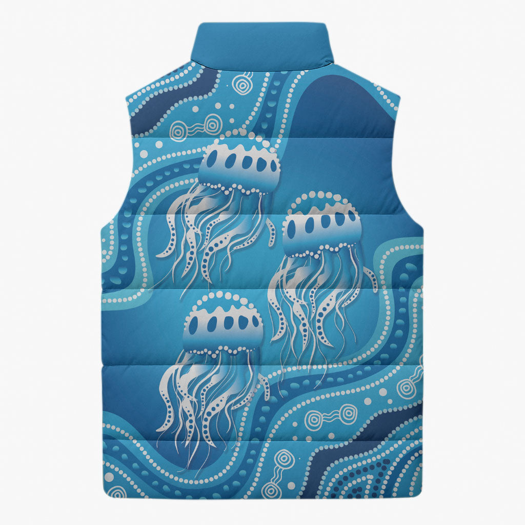 Aboriginal Ocean Jellyfish Sleeveless Puffer Jacket Dot Art Dreamtime Style