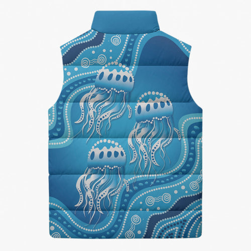 Aboriginal Ocean Jellyfish Sleeveless Puffer Jacket Dot Art Dreamtime Style