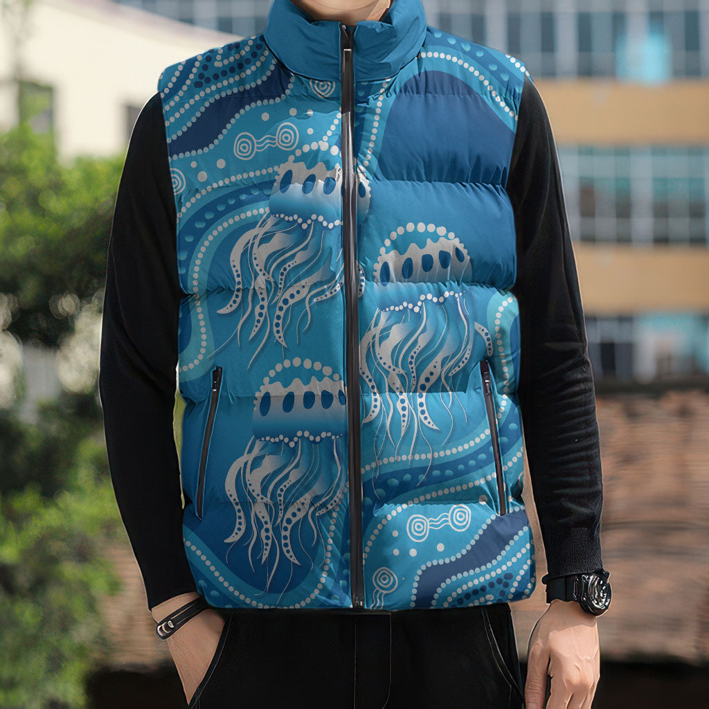Aboriginal Ocean Jellyfish Sleeveless Puffer Jacket Dot Art Dreamtime Style