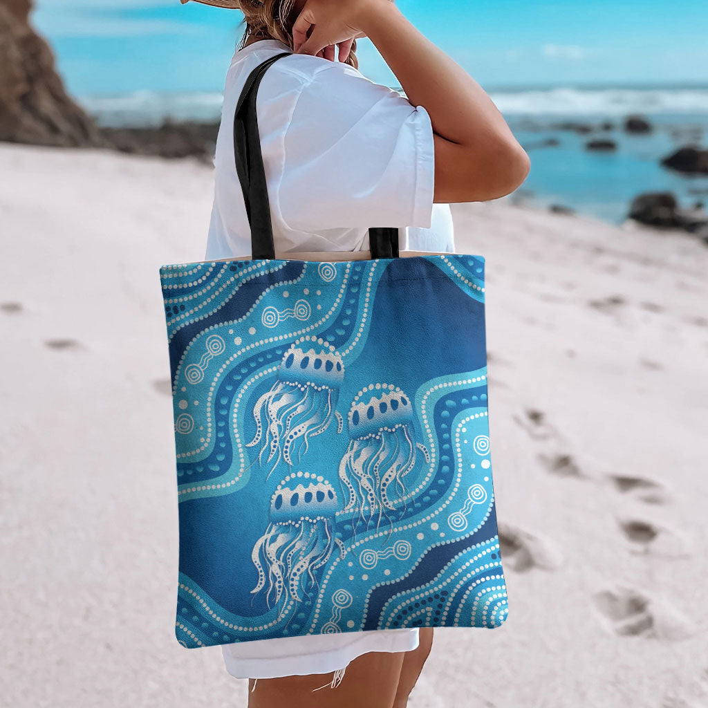 Aboriginal Ocean Jellyfish Tote Bag Dot Art Dreamtime Style