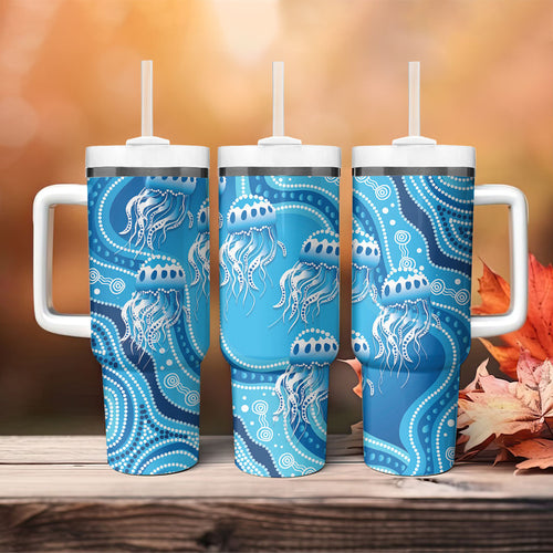 Aboriginal Ocean Jellyfish Tumbler With Handle Dot Art Dreamtime Style
