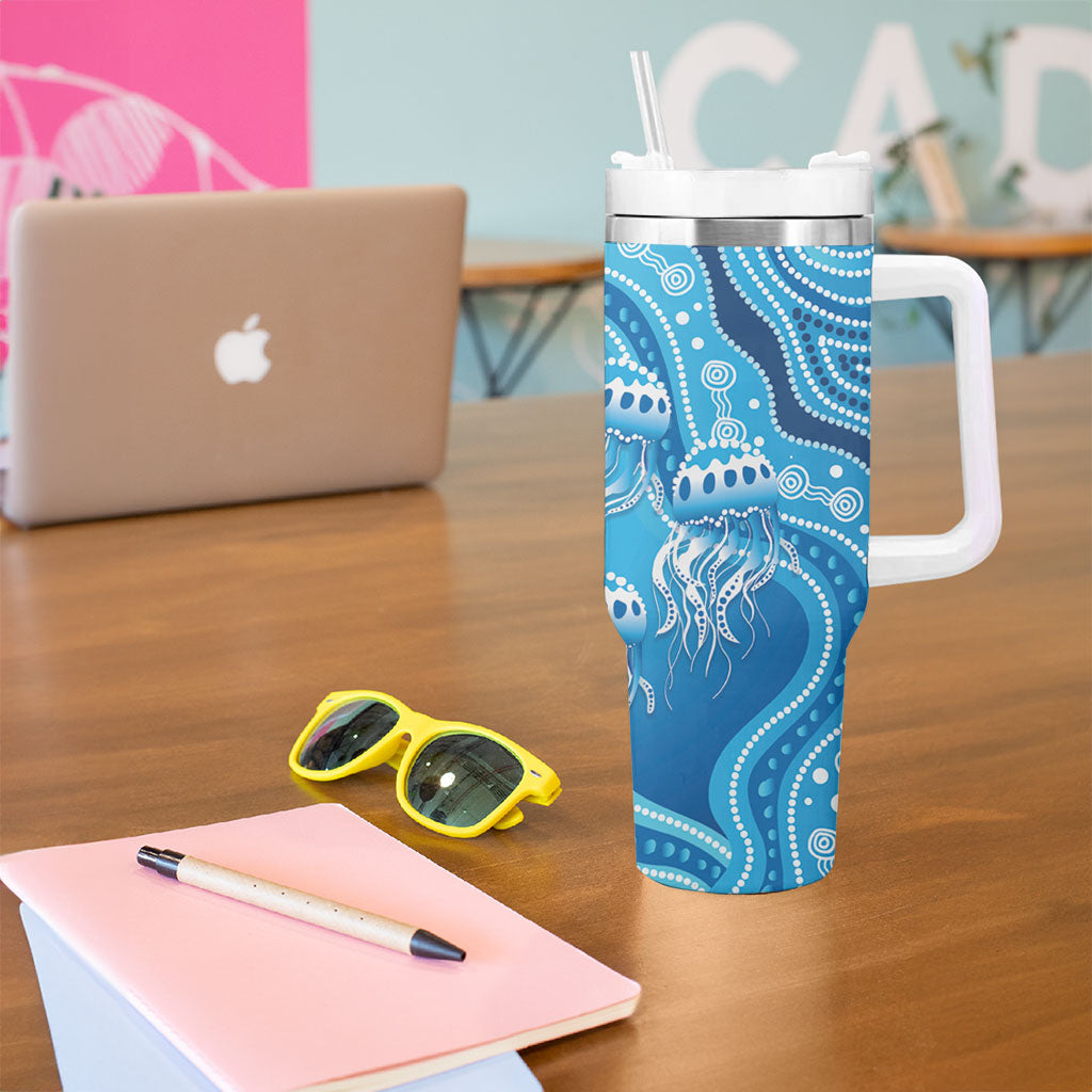 Aboriginal Ocean Jellyfish Tumbler With Handle Dot Art Dreamtime Style