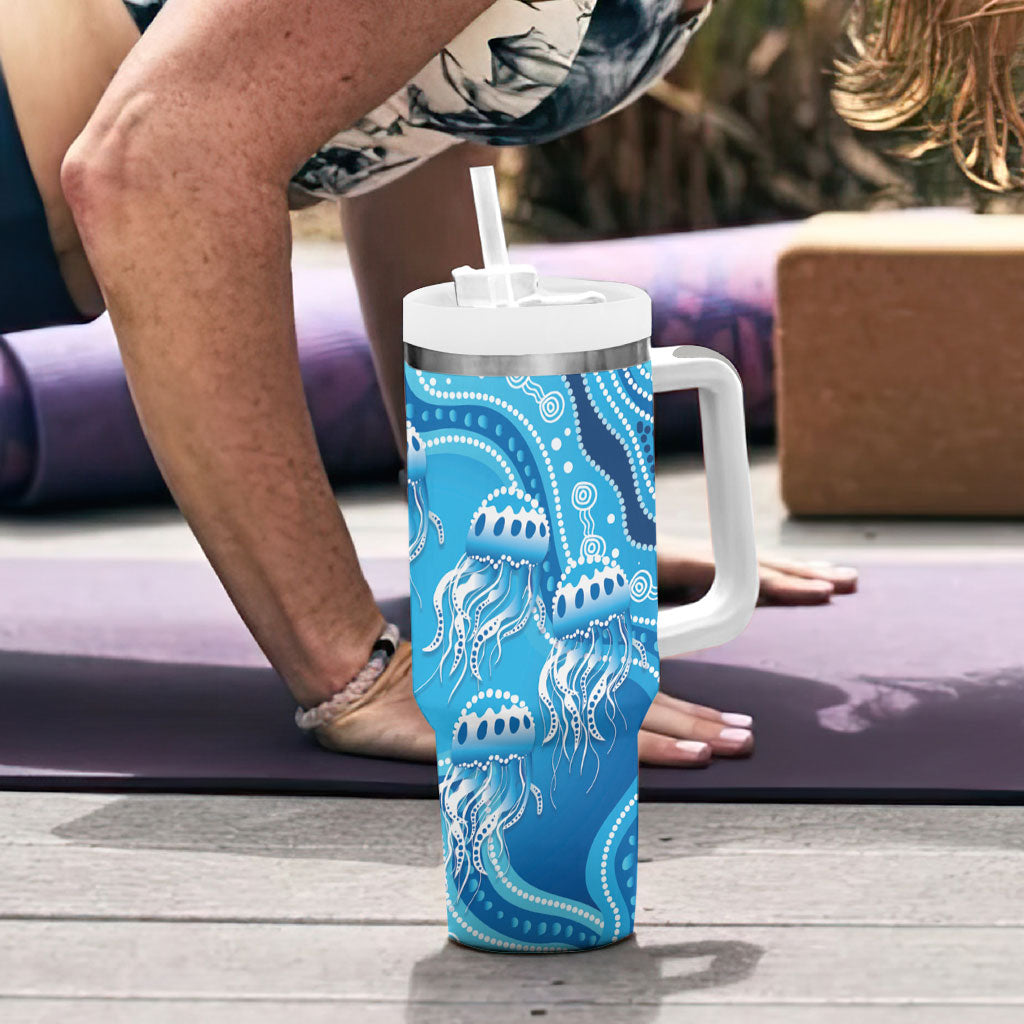 Aboriginal Ocean Jellyfish Tumbler With Handle Dot Art Dreamtime Style