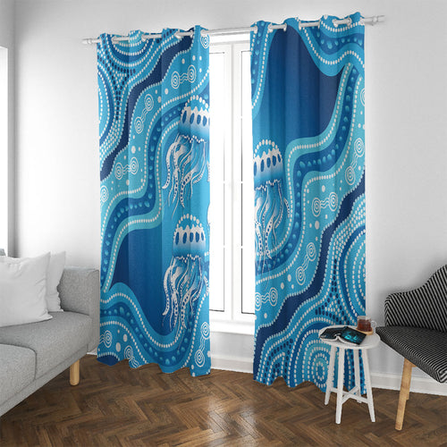 Aboriginal Ocean Jellyfish Window Curtain Dot Art Dreamtime Style