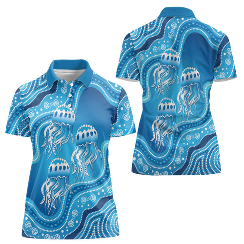 Aboriginal Ocean Jellyfish Women Polo Shirt Dot Art Dreamtime Style