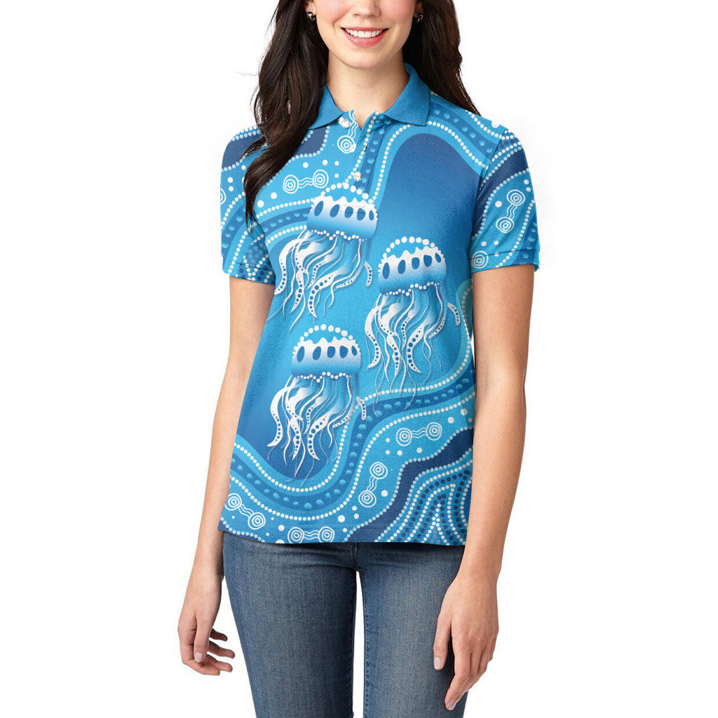 Aboriginal Ocean Jellyfish Women Polo Shirt Dot Art Dreamtime Style