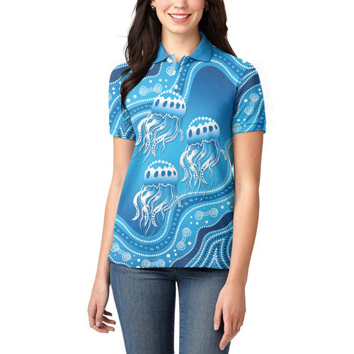 Aboriginal Ocean Jellyfish Women Polo Shirt Dot Art Dreamtime Style