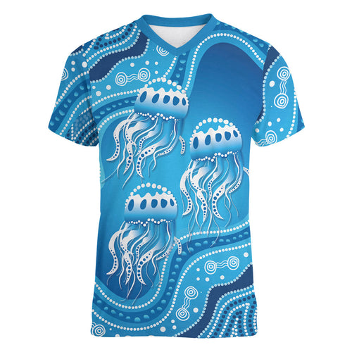 Aboriginal Ocean Jellyfish Women V-Neck T-Shirt Dot Art Dreamtime Style
