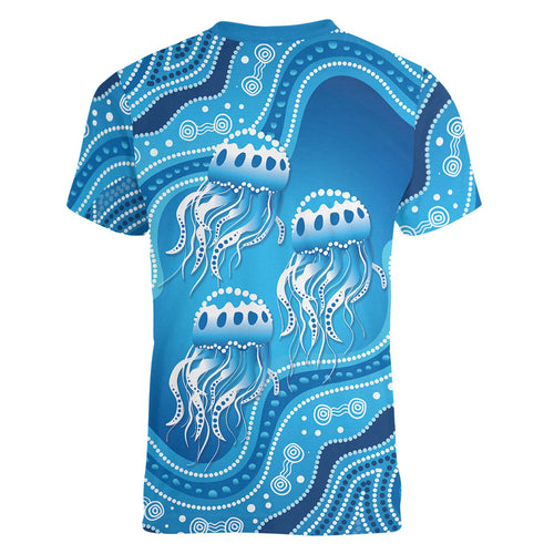 Aboriginal Ocean Jellyfish Women V-Neck T-Shirt Dot Art Dreamtime Style