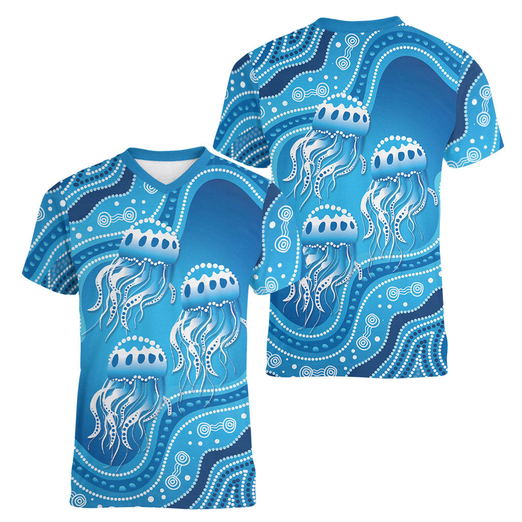 Aboriginal Ocean Jellyfish Women V-Neck T-Shirt Dot Art Dreamtime Style