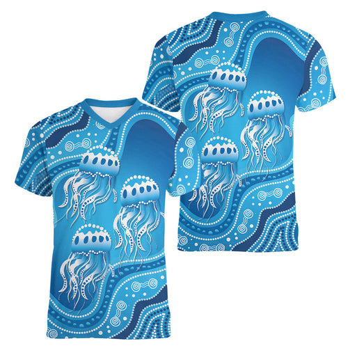 Aboriginal Ocean Jellyfish Women V-Neck T-Shirt Dot Art Dreamtime Style