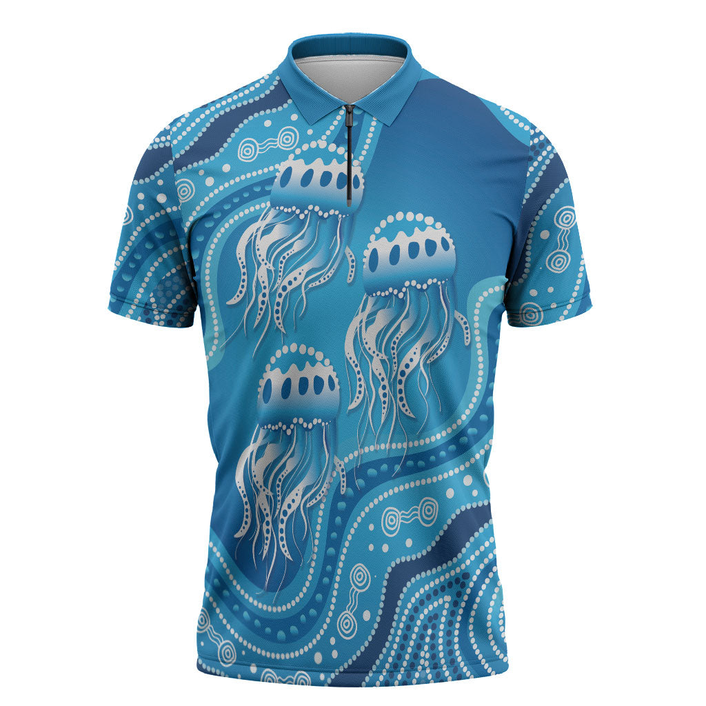Aboriginal Ocean Jellyfish Zipper Polo Shirt Dot Art Dreamtime Style