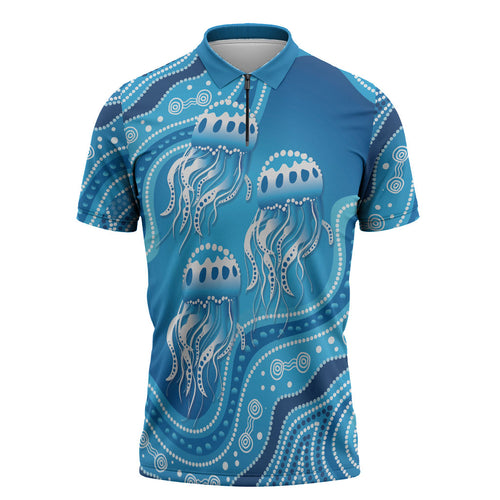Aboriginal Ocean Jellyfish Zipper Polo Shirt Dot Art Dreamtime Style