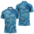 Aboriginal Ocean Jellyfish Zipper Polo Shirt Dot Art Dreamtime Style