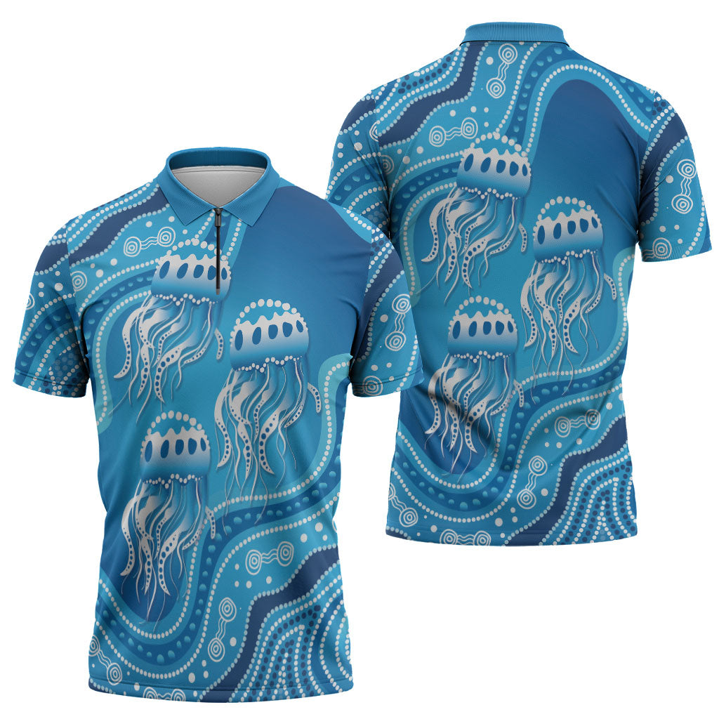 Aboriginal Ocean Jellyfish Zipper Polo Shirt Dot Art Dreamtime Style