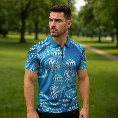 Aboriginal Ocean Jellyfish Zipper Polo Shirt Dot Art Dreamtime Style