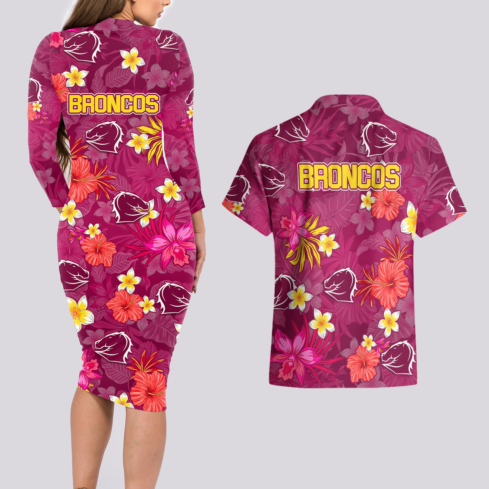 broncos-rugby-couples-matching-long-sleeve-bodycon-dress-and-hawaiian-shirt-beautiful-floral-pattern-spring-summer-vibe