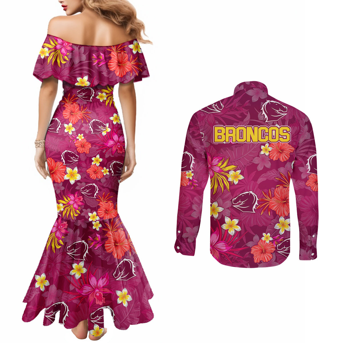 broncos-rugby-couples-matching-mermaid-dress-and-long-sleeve-button-shirts-beautiful-floral-pattern-spring-summer-vibe