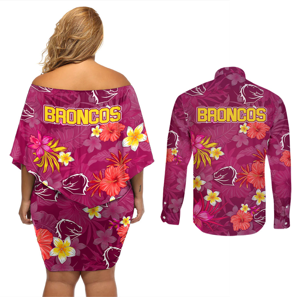 broncos-rugby-couples-matching-off-shoulder-short-dress-and-long-sleeve-button-shirts-beautiful-floral-pattern-spring-summer-vibe