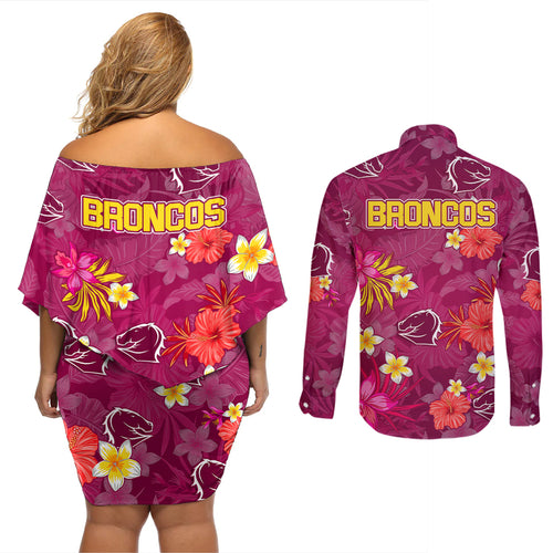 broncos-rugby-couples-matching-off-shoulder-short-dress-and-long-sleeve-button-shirts-beautiful-floral-pattern-spring-summer-vibe