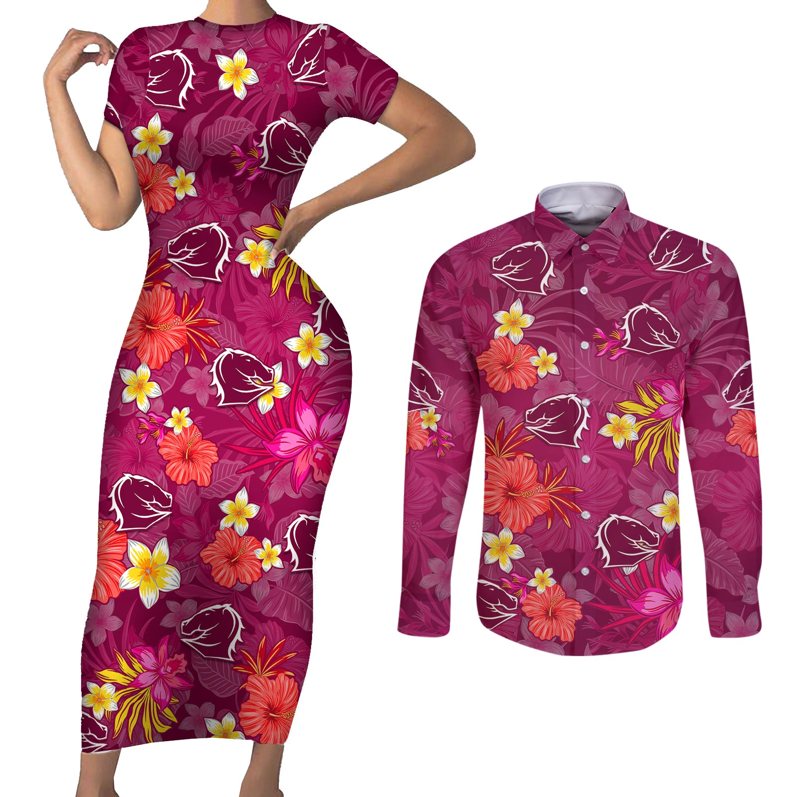broncos-rugby-couples-matching-short-sleeve-bodycon-dress-and-long-sleeve-button-shirts-beautiful-floral-pattern-spring-summer-vibe