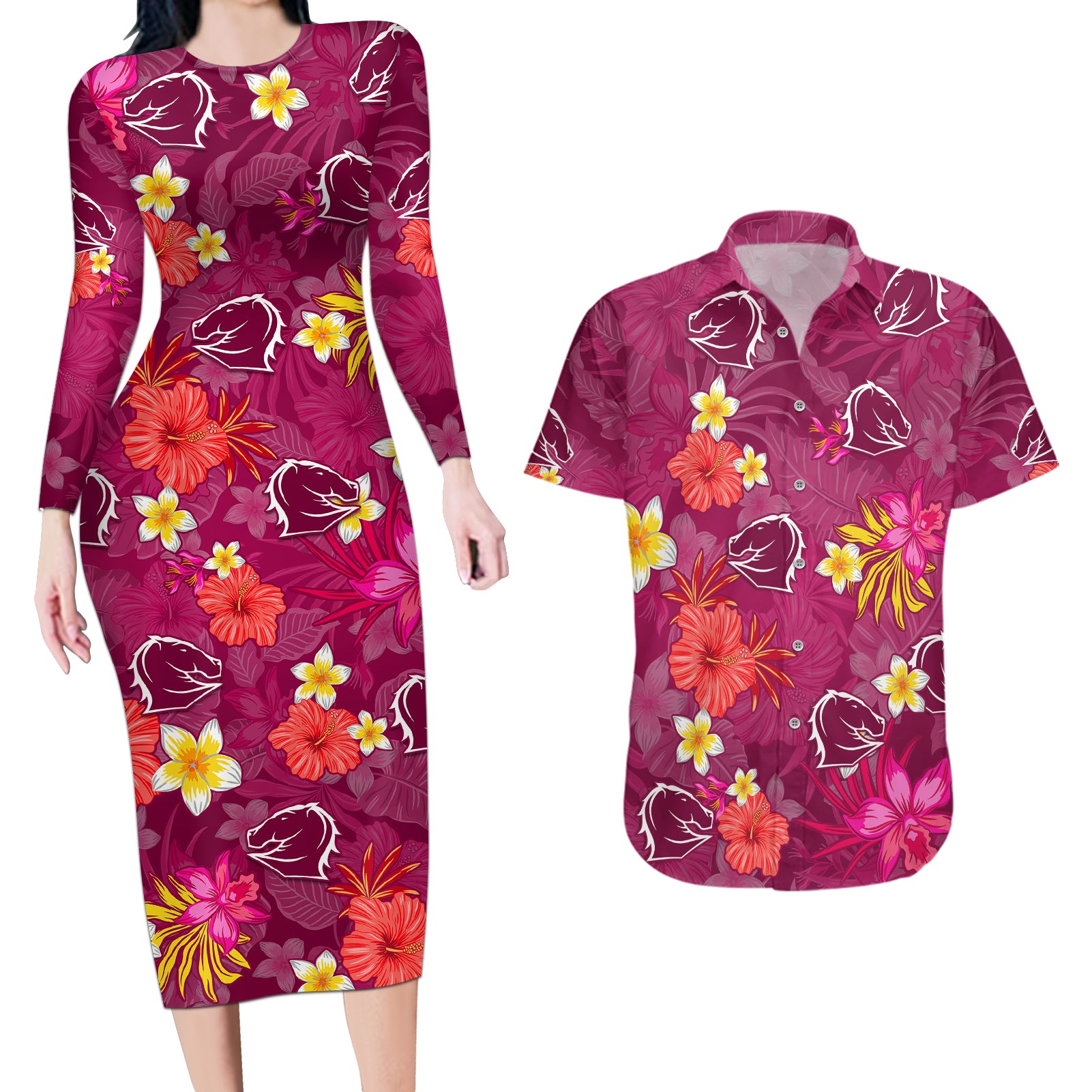 custom-broncos-rugby-couples-matching-long-sleeve-bodycon-dress-and-hawaiian-shirt-beautiful-floral-pattern-spring-summer-vibe
