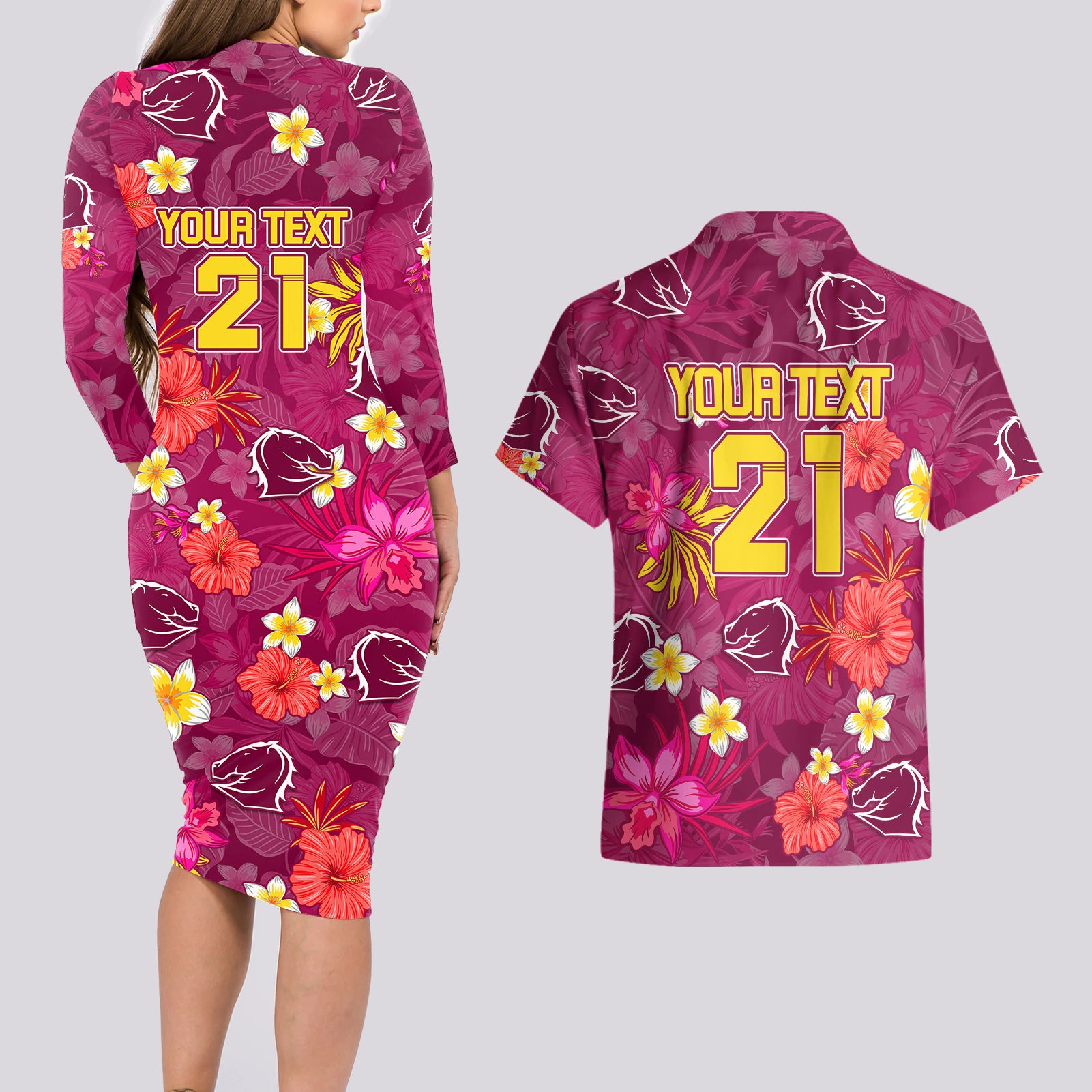 custom-broncos-rugby-couples-matching-long-sleeve-bodycon-dress-and-hawaiian-shirt-beautiful-floral-pattern-spring-summer-vibe