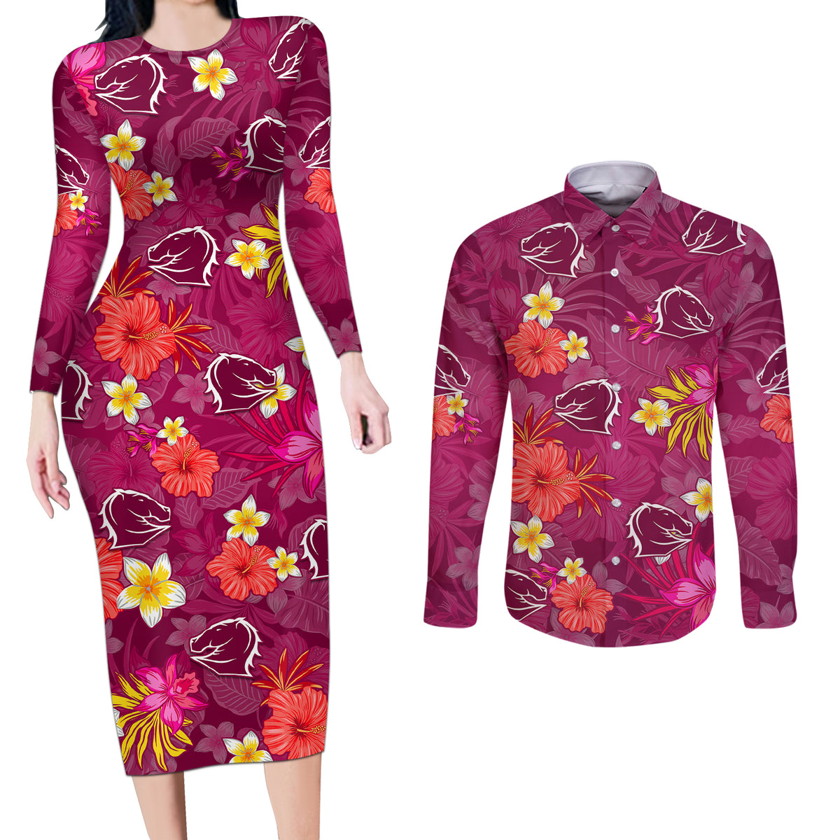 custom-broncos-rugby-couples-matching-long-sleeve-bodycon-dress-and-long-sleeve-button-shirts-beautiful-floral-pattern-spring-summer-vibe